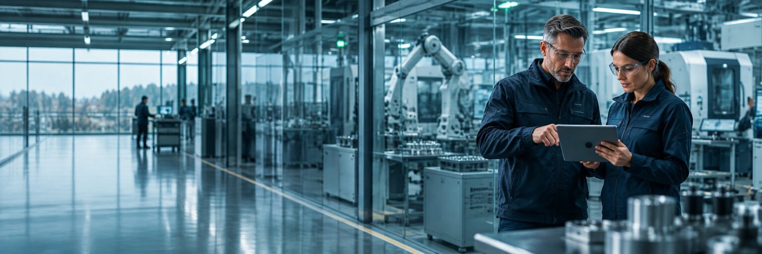 CRISAM® Bildwelt Automobilindustrie: Fertigungshalle mit Industrieroboter, Mitarbeiter mit Tablet