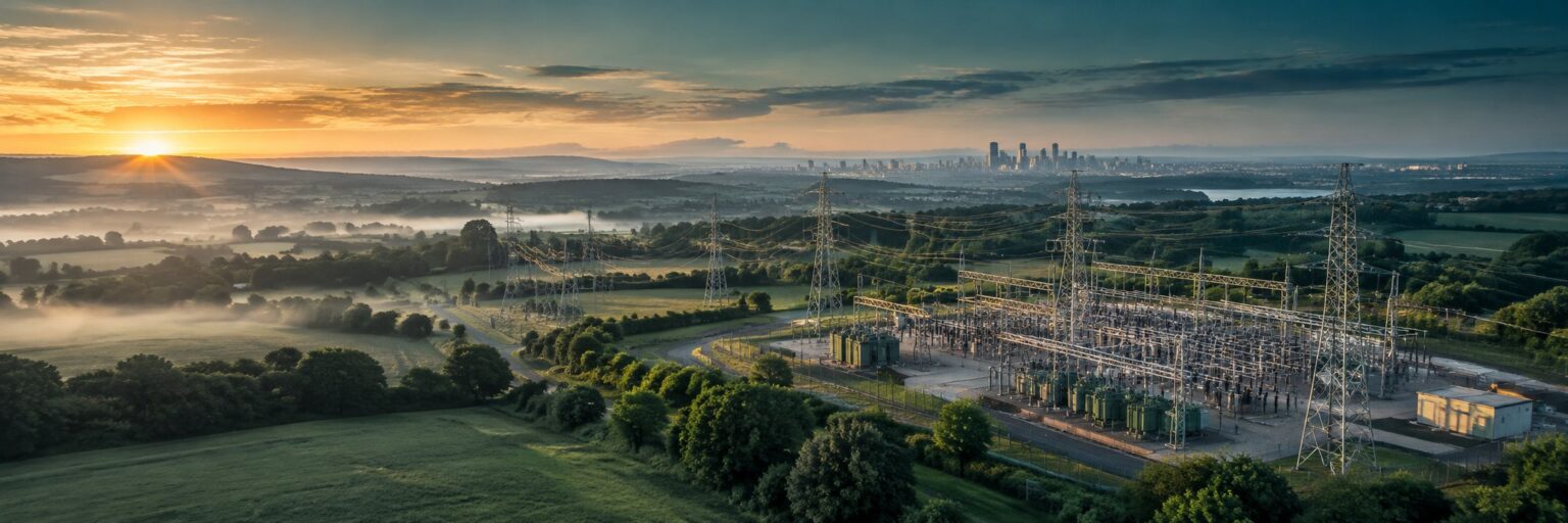 CRISAM® Bildwelt Energiewirtschaft: Umspannwerk und Hochspannungsleitungen bei Sonnenaufgang