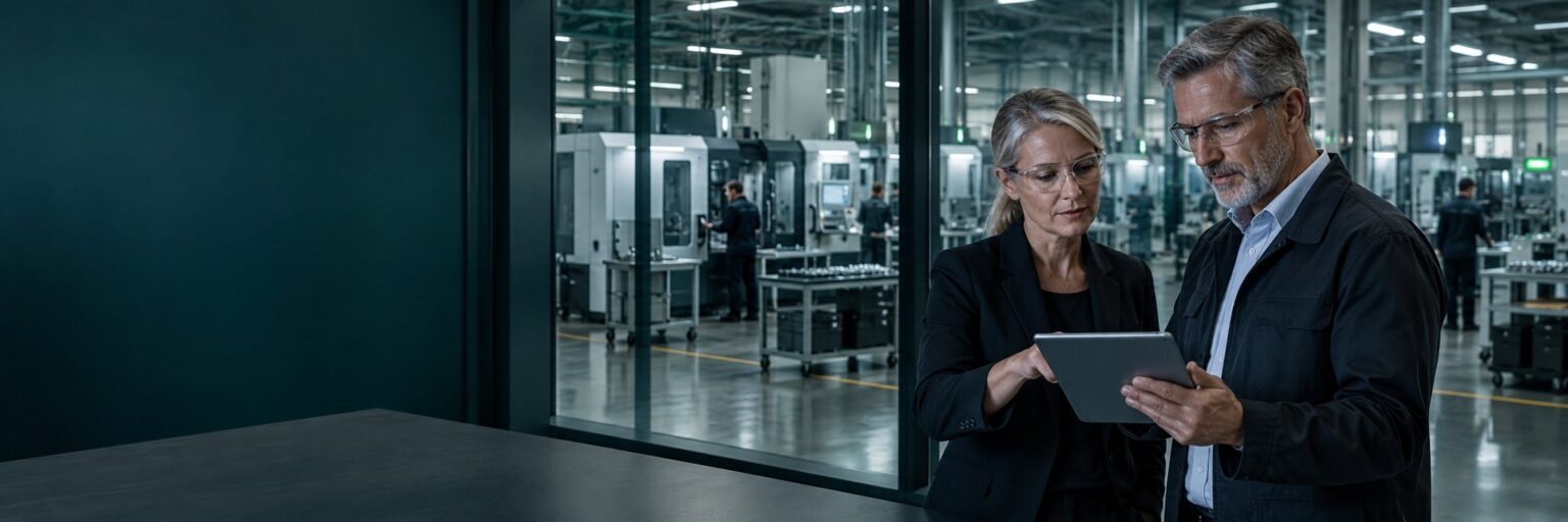CRISAM® Bildwelt Fertigung: zwei Personen mit Tablet vor einer Produktionshalle