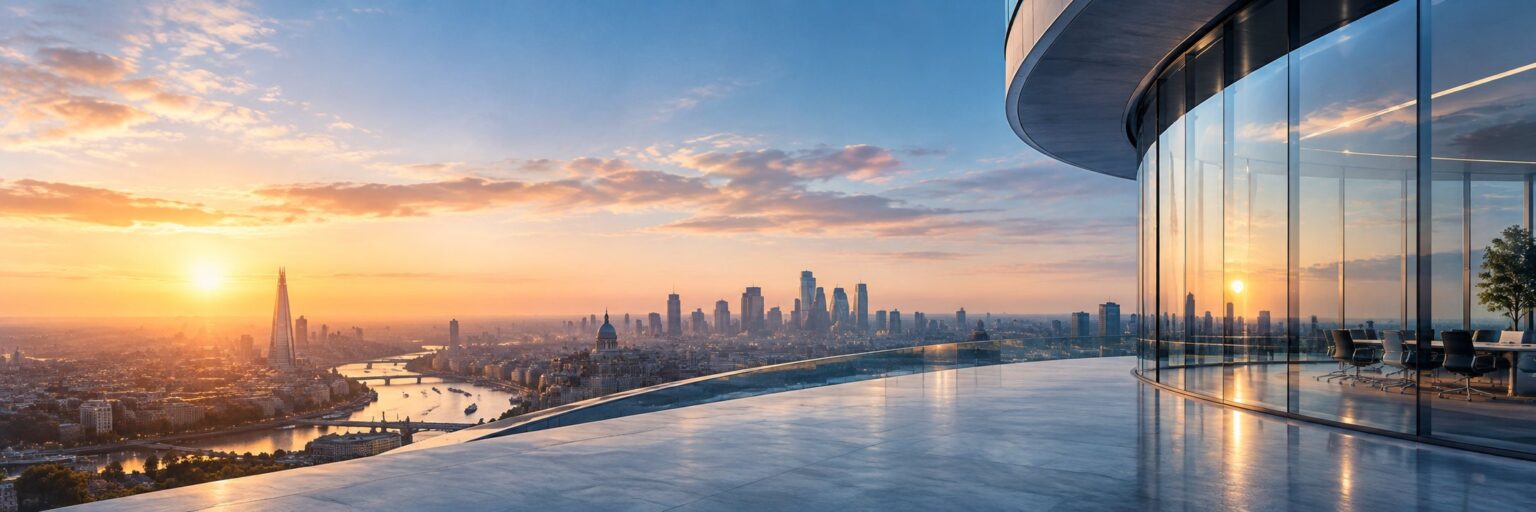 CRISAM® Bildwelt Immobilien und Bau: Skyline am Fluss bei Sonnenaufgang